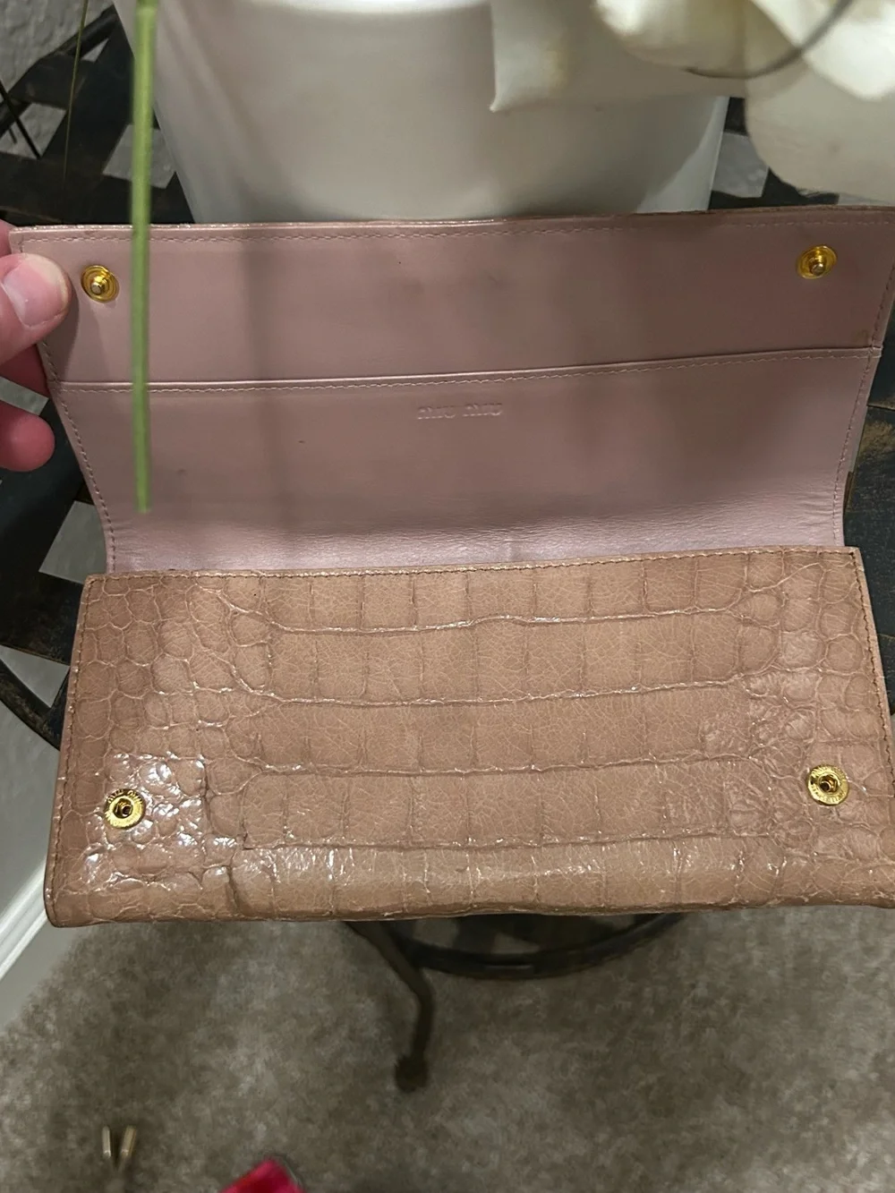 Miu Miu Croc-Embossed Blush Leather Wallet with Gold Logo